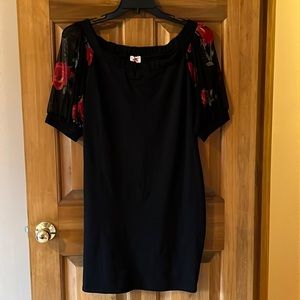 Floral Sleeve Off-the-Shoulder Black Bodycon Dress